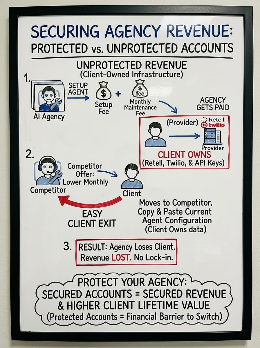 Unprotected revenue model — clients own everything and can leave anytime