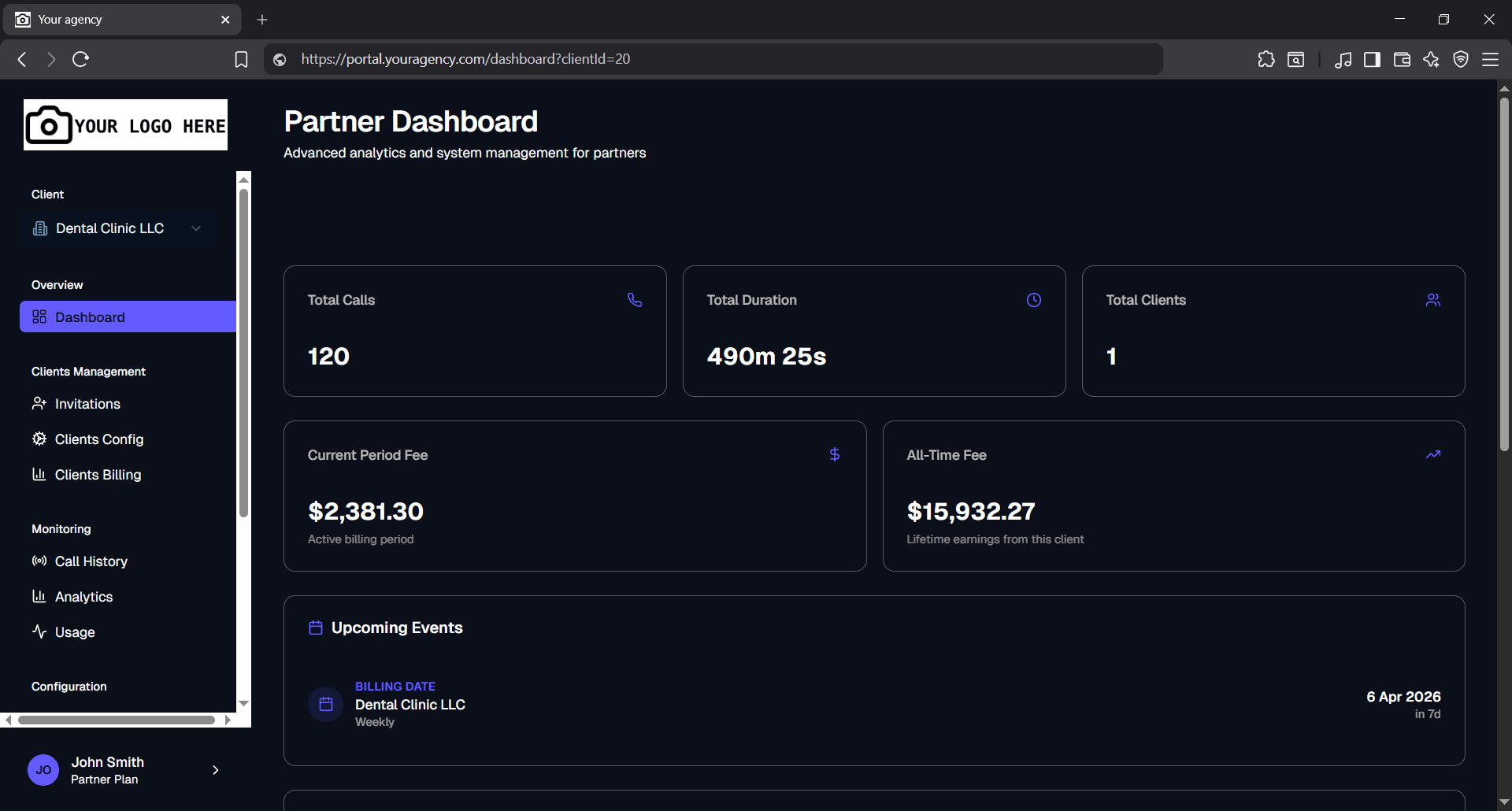 Partner Dashboard — your brand, your revenue, your clients